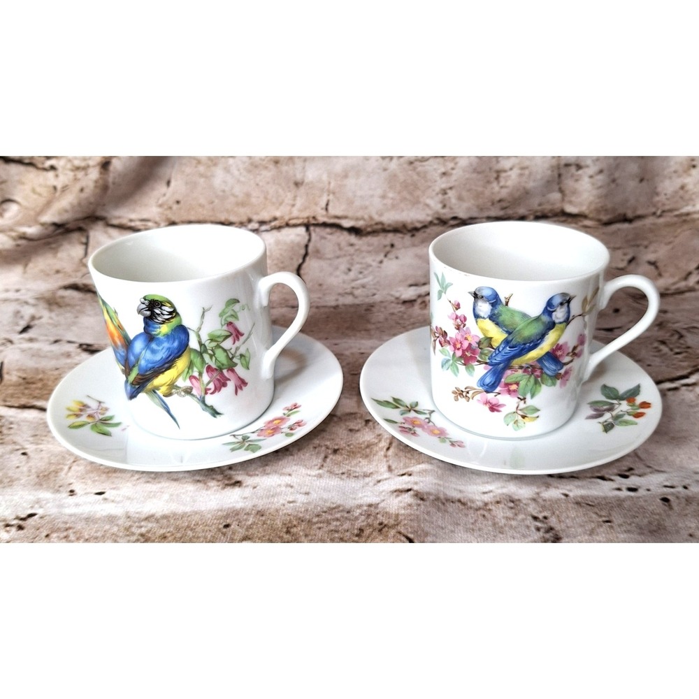 Pair of Vintage Discontinued 80's Mottahedeh 8502 Aviary Pattern‎ Cups & Saucers